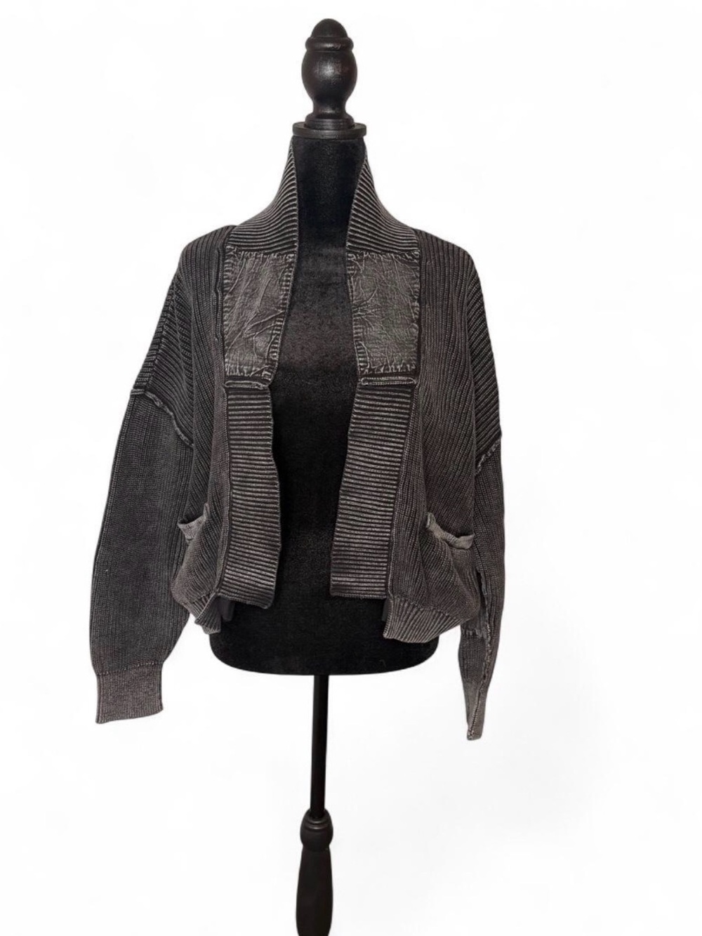Open-Front Charcoal Ribbed Knit Cardigan